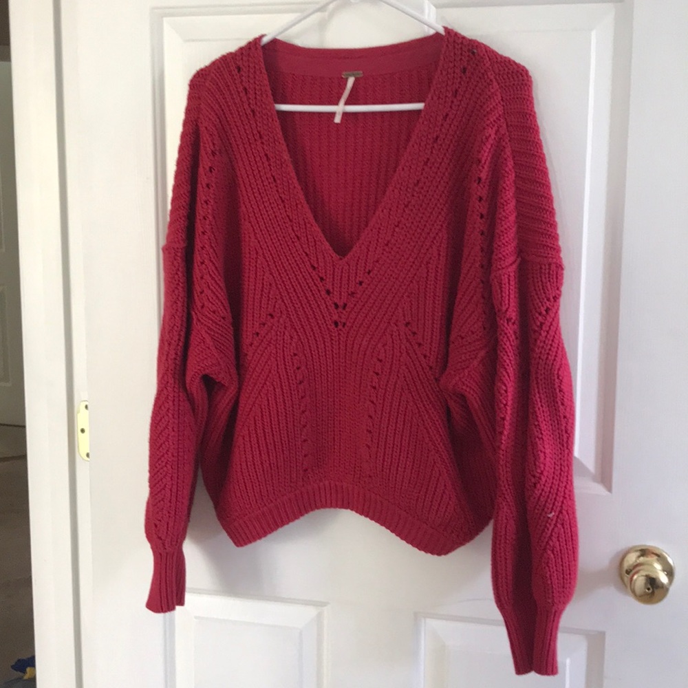 Free People red chunky knit v neck sweater